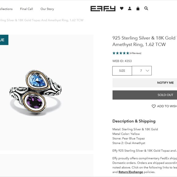 Effy BH Sterling & 18k Topaz and Amethyst Ring - Picture 5 of 5